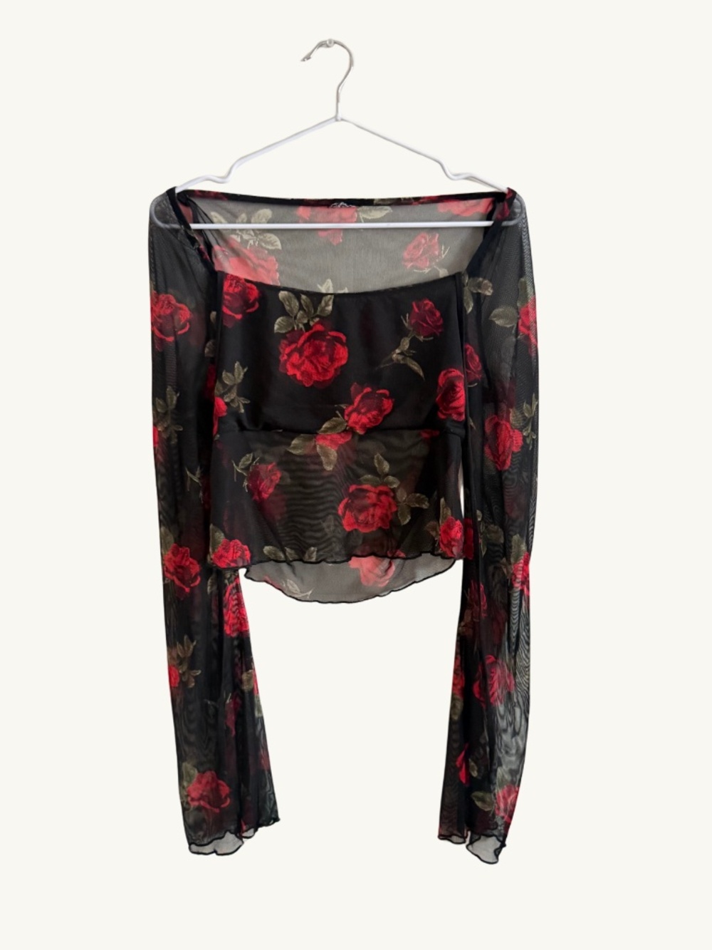Black Red Rose Mesh Halter Top Flared Sleeves Romantic Goth
